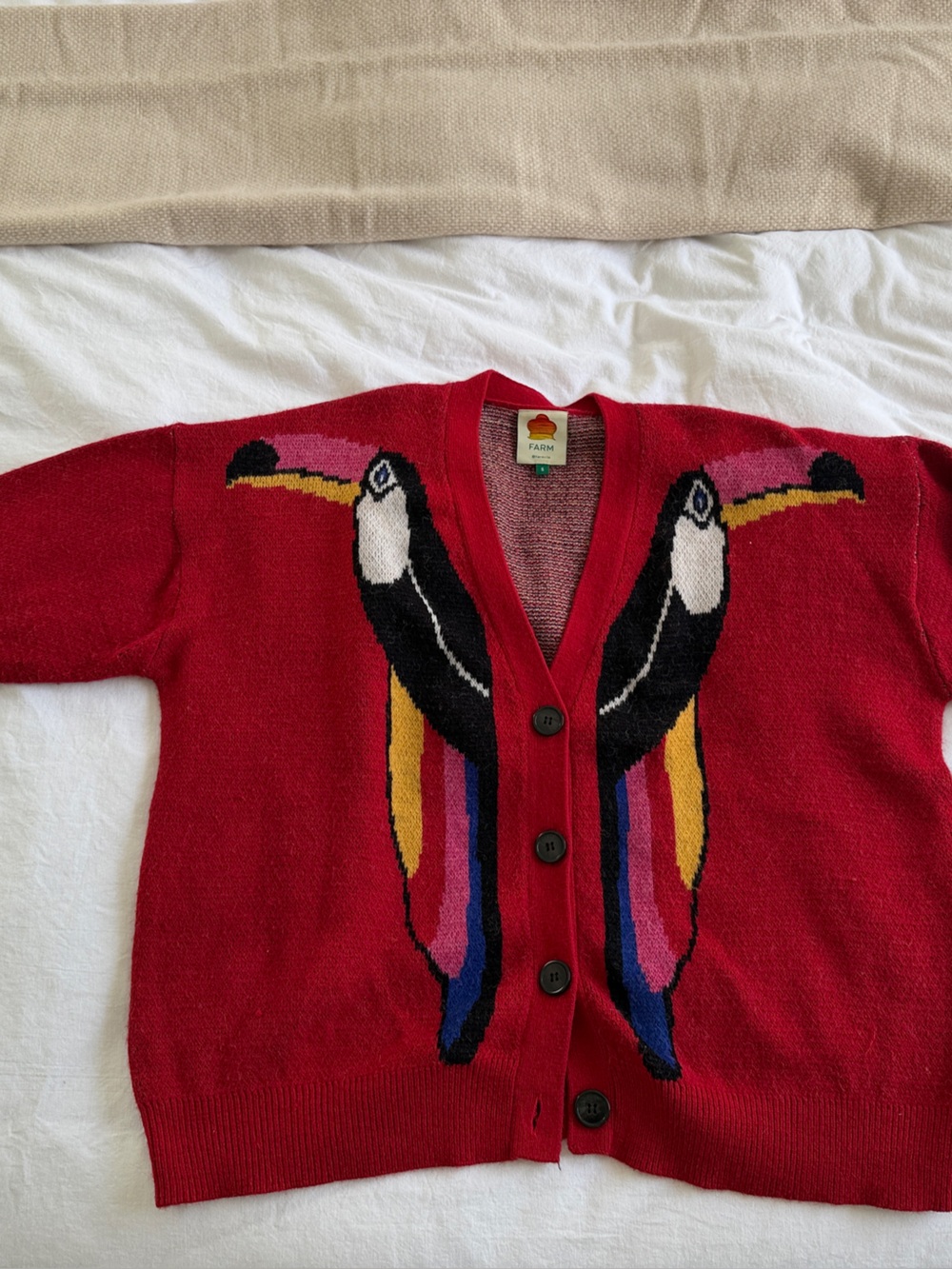 Farm Rio red sweater with toucan